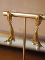 Vintage Pearl Gold Drop Earrings Crystal Statement Mid Century Modern Jewelry