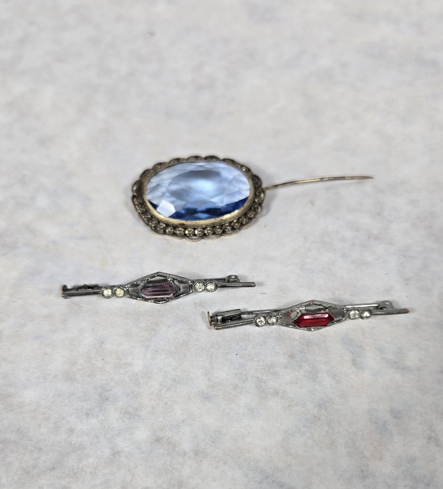 Lot 3 Antique Czech Art Deco Brooch Bar Red Blue Purple Clear Glass Rhinestones