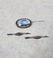 Lot 3 Antique Czech Art Deco Brooch Bar Red Blue Purple Clear Glass Rhinestones