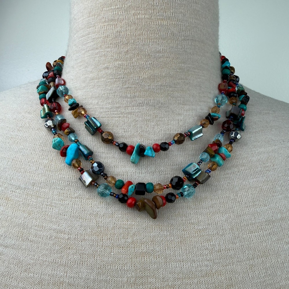 Three Strand Glass, Stone, Turquoise, Mother of Pearl Beaded Necklace 17.5-20.5″