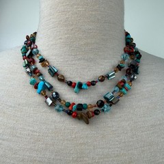 Three Strand Glass, Stone, Turquoise, Mother of Pearl Beaded Necklace 17.5-20.5″