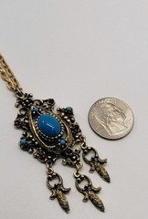 Vintage CELEBRITY Large Rhinestone Faux Turquoise Pendant Necklace GoldTone Boho