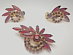 Authentic D&E Juliana Dark Siam Red Marquis Spray Brooch and Earrings Set