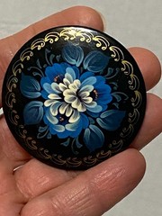 Vintage Wooden Hand Painted Brooch Pin Russian Lacquer Floral Flower Signed 2″