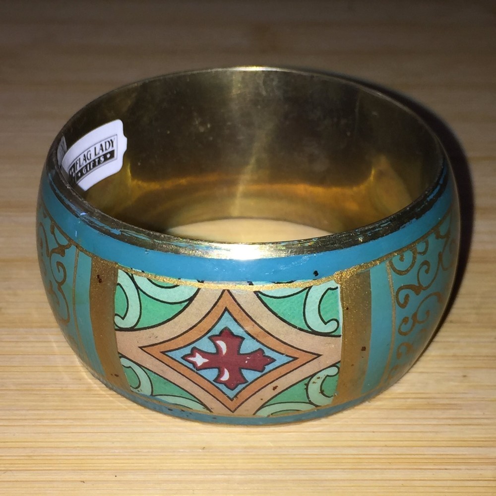 Vintage Wide Bangle Bracelet Gold Tone Brass Enamel Teal Red Green Boho