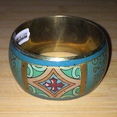 Vintage Wide Bangle Bracelet Gold Tone Brass Enamel Teal Red Green Boho