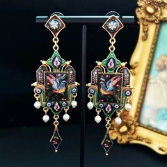 Vintage European Painted Bird Floral Enamel Drop Earrings Pearl Gold Victorian