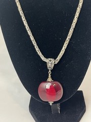 Vintage 925 Sterling Silver Snake Chain With Red Glass Pendant