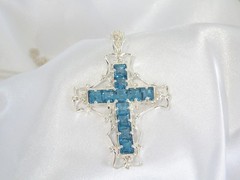 Large Sterling Silver 925 Heated London Blue Topaz Cross Pendant Necklace