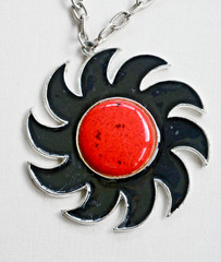 Vintage Celebrity New York Black Enamel Red Sun Pendant Necklace Signed