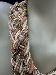 VINTAGE SEED BEAD CHAMPAGNE PEACH MULTI STRAND WOVEN NECKLACE 22″ LONG