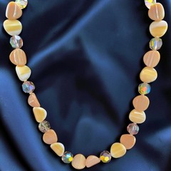 Vintage Lucite Flower Necklace Butterscotch Caramel AB Crystal Hidden Clasp 21″
