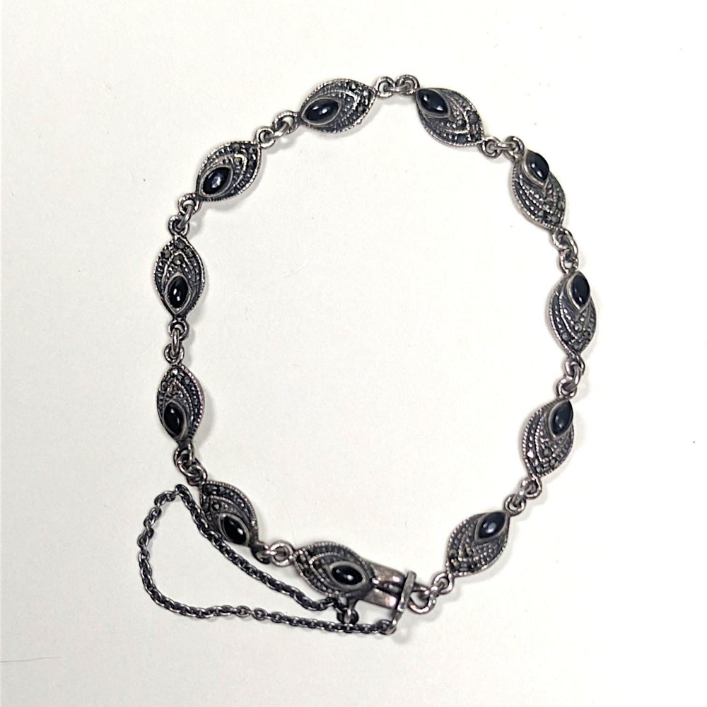 Vintage Sterling Marcasite & Onyx Art Deco Style Bracelet IBB 925