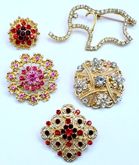 Lot of 5 Gold Tone & Multicolor Rhinestones Brooches Contemporary L-17