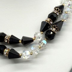 Vintage Black Clear Crystal Beaded Necklace Rhinestone Clasp 15″