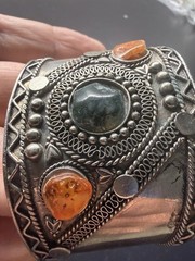 Vintage Indian Bohemian Cuff Bracelet with Natural Gemstones. Silver Tone