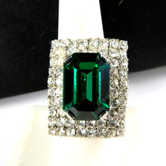 Vintage Rhinestone Ring Emerald Green Color Stone Square Shape Adjustable