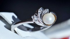 10k white gold size 6.75 ring 5.3mm cultured pearl natural diamond antique 2.28g