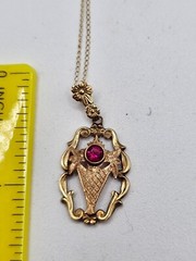 Antique 10k gold garnet Emco lavalier style pendant necklace art deco floral