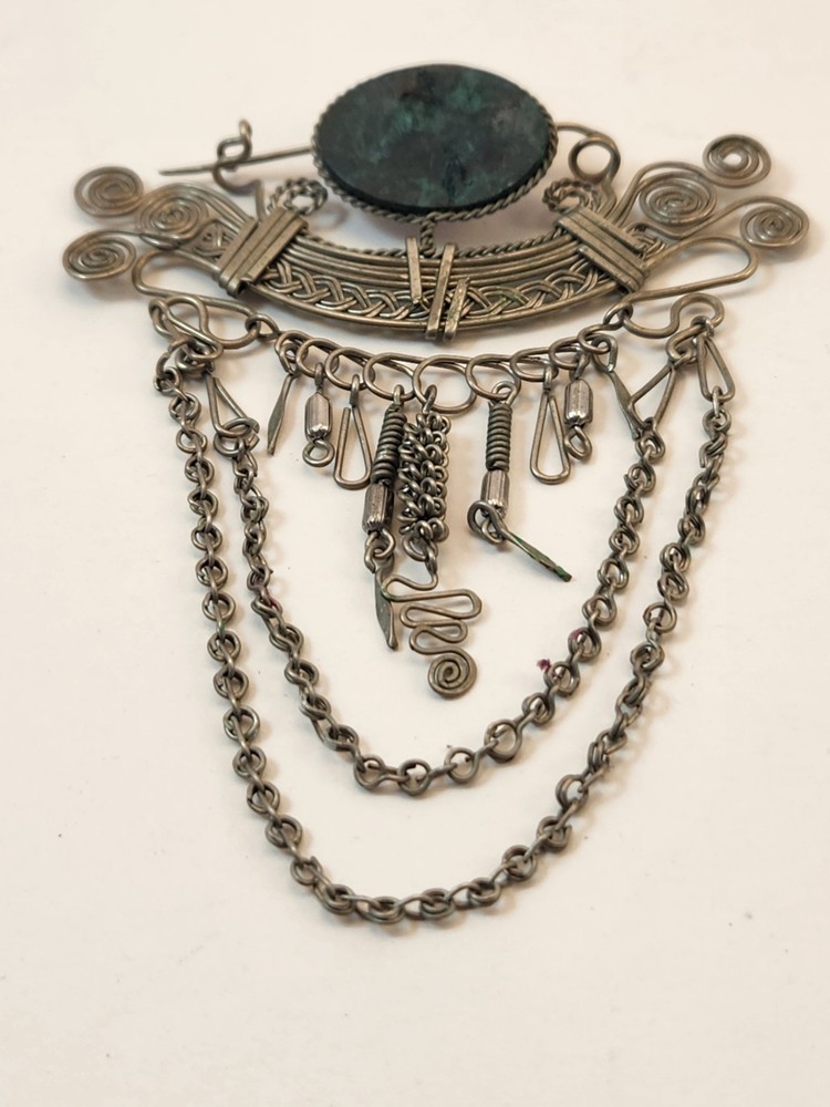 Bohemian Style Brooch Vintage Green Oval Stone Silver Tone 3.5 inches long