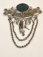 Bohemian Style Brooch Vintage Green Oval Stone Silver Tone 3.5 inches long