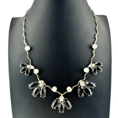 Glamorous Black Rhinestone Faux Pearl Gold Tone Elegant Statement 20″ Necklace