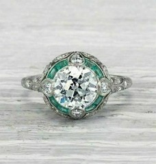 Art Deco Round Lab Created Diamond & Emerald Wedding 14Ct White Gold Finish Ring