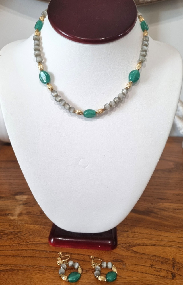 Vintage c1950s-60s Green Grey 10k Gold Fill Necklace Screwback Earring Set Video