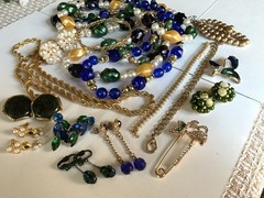 Vintage Blue/Green/Gold Jewelry Mix Lot Earrings Necklace RS Beads Glass Enamel
