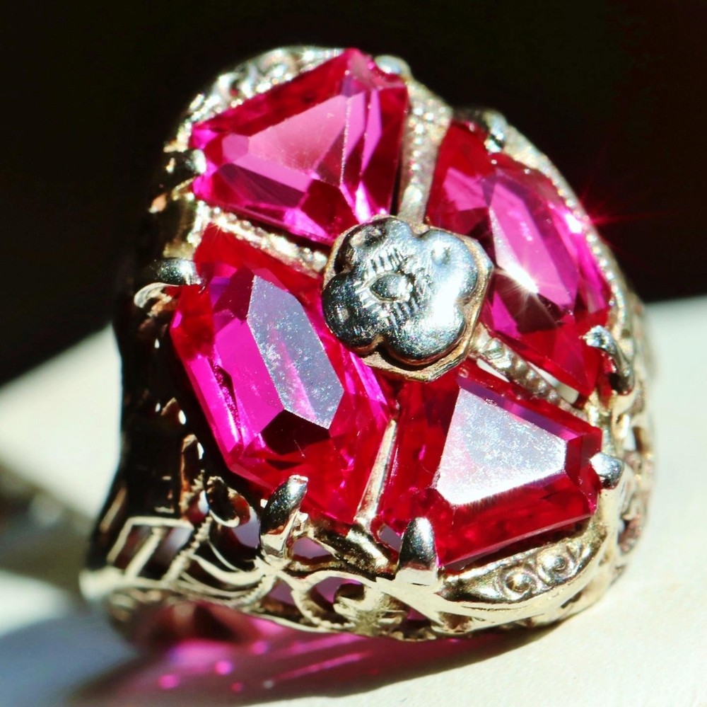 14k white gold ring 2.50ct lab created ruby sz 3.5 antique handmade 2.33gr N3331