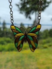 Vtg Stained Glass Style Butterfly Statement Necklace Signed Celebrity R157