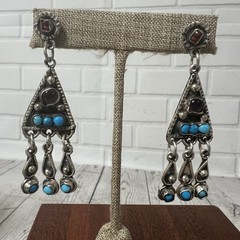 2 5/8″ MEXICO STERLING SILVER TURQUOISE CORAL AMETHYST CHANDELIER EARRINGS