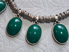 Vintage Old Pawn Necklace w 1″ Green Stones, Hand Made Coin Silver Settings 18″