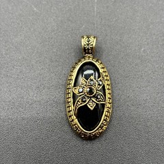 Vintage Made in Korea Black Glass Rhinestone Floral Pendant Necklace No Chain