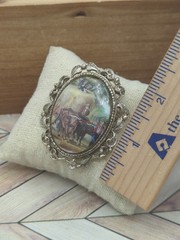 Vintage Farming Scene Cattle Oval Picture Brooch Pin Pendant