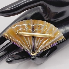 Purple Hue Art Paper Fan Brooch Pin Artist Signed Acrylic Glaze Origami Style