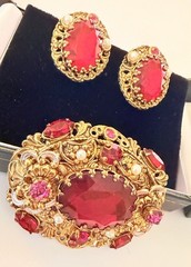 West Germany Gold Filigree Enamel Ruby Red & Pink Rhinestone Brooch & Earrings