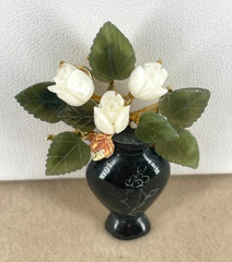 VTG SWOBODA Carved Jade & Coral Roses in Onyx Vase brooch -Read-