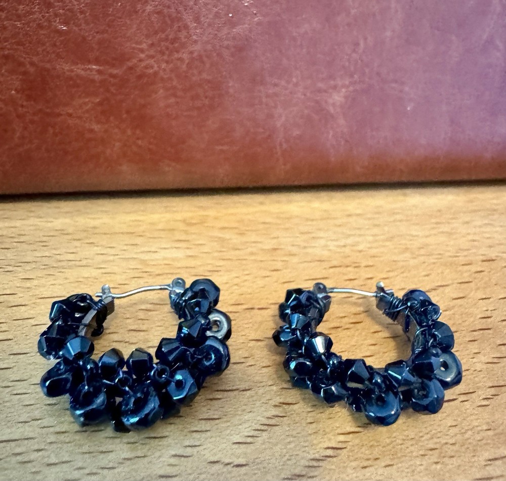 Vintage Black Glass Beaded Hoop Earrings Wire Wrapped 1990s Boho Style