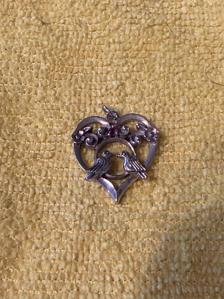 Vintage 1981 Franklin Mint 925 Sterling Silver Ruby Lovebirds Heart Pendant FM81