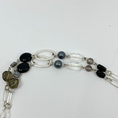 Vintage Silver Tone Long Station Necklace Mixed Glass & Smoky Stone Beads