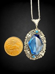 Vintage Antique Art Deco Blue Glass Pendant Necklace Filigree Silver Tone Czech