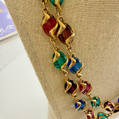 Vintage Swarovski Swan Signed Caged Multicolor Glass Gold Plated Necklace 36”