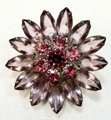 Vtg Purple Lavender Pink Rhinestone Flower Brooch Pin Marquise Cut Silver
