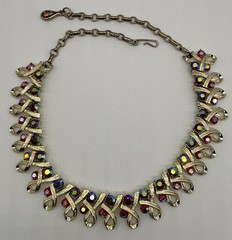 Vintage Mid Century Necklace Ribbon Link Design Gold Tone AB Rhinestone Unsigned