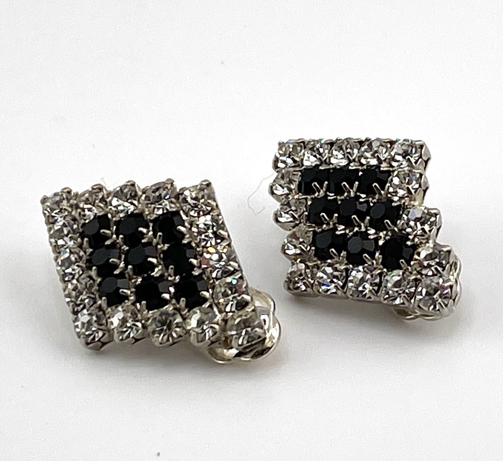 Vintage. Brilliant Black & Clear Diamond Shape Rhinestone Clip Earrings. 1.50”