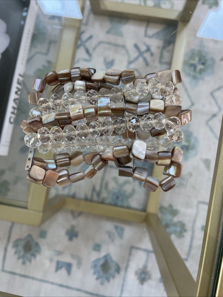 Gorgeous Vintage Mother Of Pearl Faceted Crystal 5 Strand Bracelet