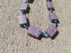 Vintage Polymer Clay Necklace 18in Blue Pink Purple Rectangle Beaded