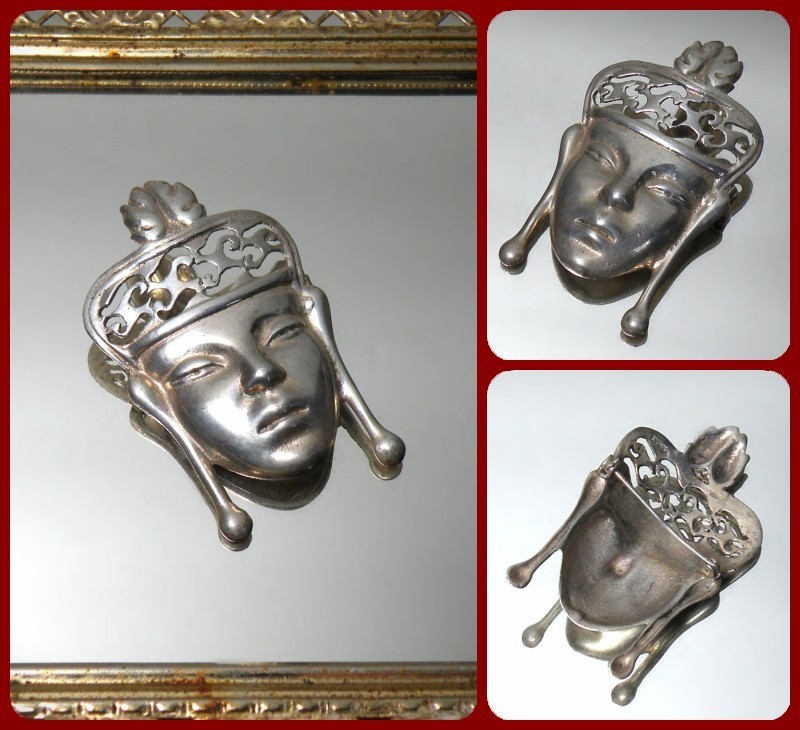 ART DECO VINTAGE STERLING SILVER ASIAN BUDDHIST REGAL FACE PIN FIGURAL BROOCH
