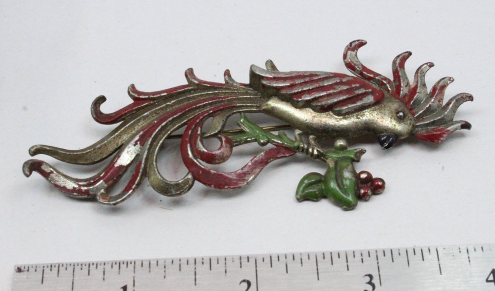 Vintage Metal Parrot Cockatoo Brooch 4-inch Red/Green